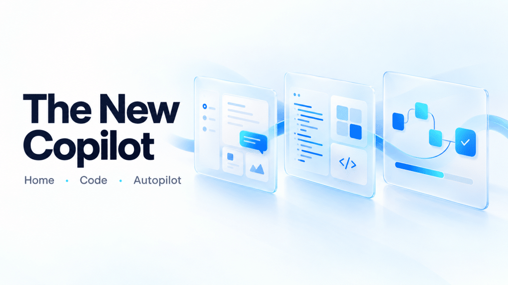 Illustration of Microsoft’s new Copilot capabilities: Home for everyday work, Code for building solutions, and Autopilot for ongoing tasks.