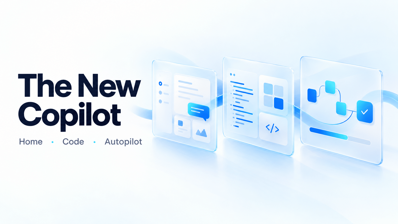 Illustration of Microsoft’s new Copilot capabilities: Home for everyday work, Code for building solutions, and Autopilot for ongoing tasks.